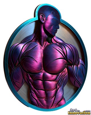 A muscular purple and metallic blue surface man looking down inside a round frame
