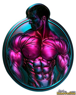 Inside a teal circular frame, a muscular metal man turns his head to the side