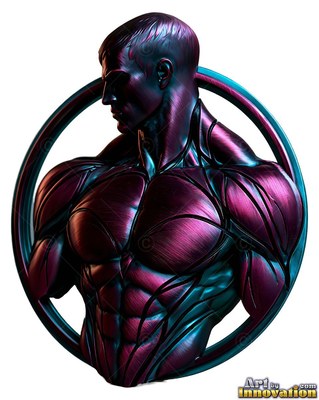 Turning his head aside, a metallic broad-shouldered man rests inside a dark circular frame