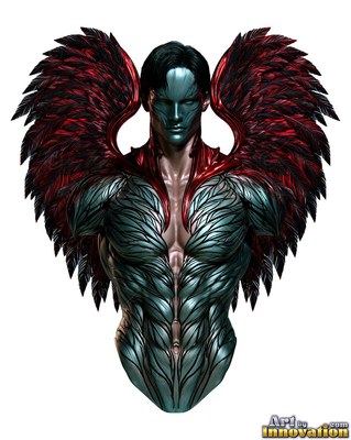 A winged brushed metal man with dark red feathers and a teal torso