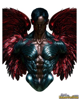 Red feathered wings frame a metallic man against a plain solid white field