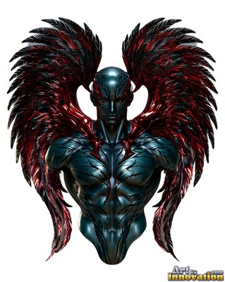 A bust carved in metal of a man spreads large wings with glossy red and black feathers