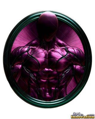 Facing forward in a round green frame, the muscular bust of a purple man