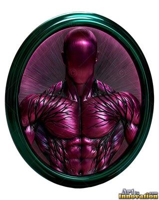 A muscular pink metallic man with black lines inside an oval green frame