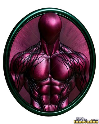 Inside a dark round frame, a muscular purple man cast in metal poses without a face