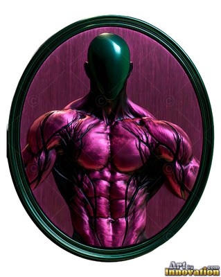 Front-facing, a muscular metallic man with a smooth green head is framed in an oval