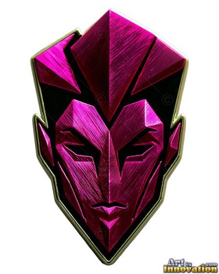 Metallic pink emblem of a man's angular face