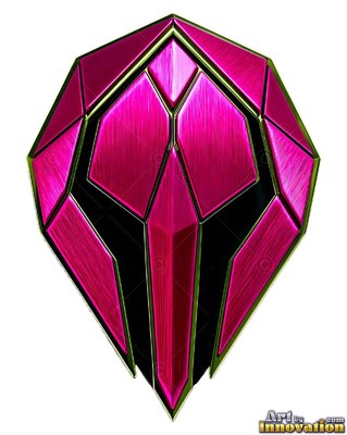 Facing forward against white space, a hot pink metal bust of a man