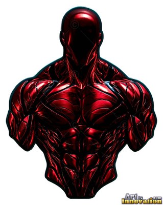 A faceless man with broad shoulders carved from shiny red metal