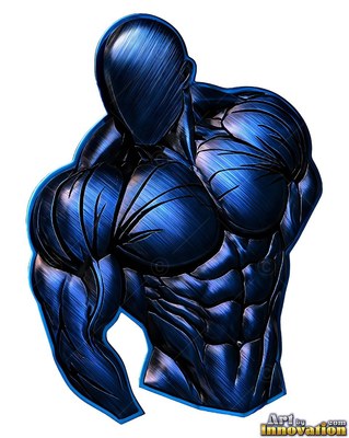 Against a solid white field, a muscular man in dark blue metal leans forward