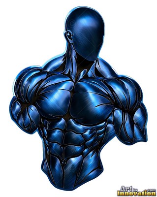 Looking straight ahead, a muscular blue metallic bust of a man is shaped with black muscle lines