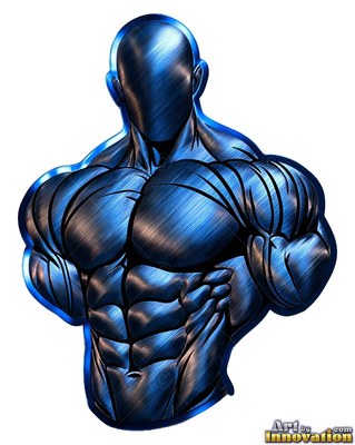Mus cular bust of a man carved from brushed metallic blue surface