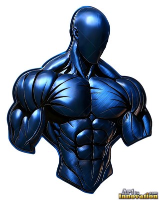 Dark blue brushed metal body of a muscular faceless man against a white backdrop