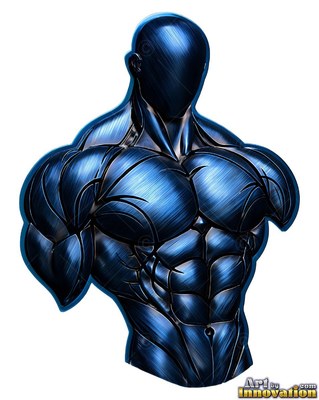 A faceless man turns his muscular torso under cool highlights on blue metal