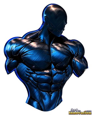 Turned to the right on a white setting, a metallic blue surface torso of a man