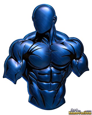 A muscular blue metallic bust of a faceless man with etched black muscle lines