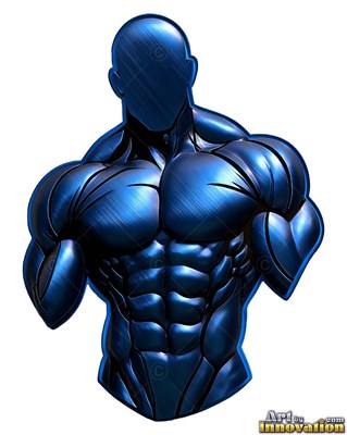 Against a plain white backdrop, a faceless toned man stands carved from blue metal