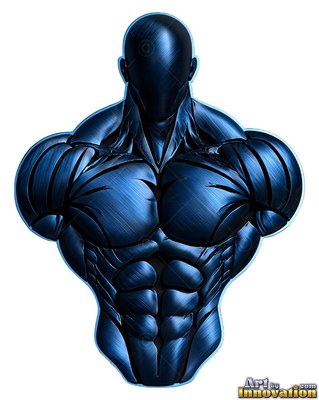 Facing forward, a muscular blue bust sculpted from metal of a faceless man shows carved anatomy lines