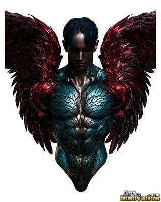 Metallic bust of a winged man with red wings and teal armor