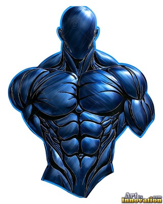 Chiseled metallic blue chest on a faceless broad-shouldered man against a white space