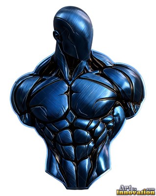 A strong-built man bust turns slightly, with pale highlights on brushed blue metal