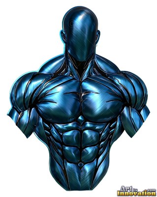 Facing forward against a white backdrop, a toned man in dark teal metal