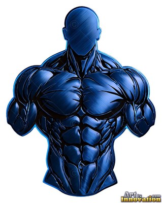 A bust of a muscular man made of brushed metal finished in blue with dark lines