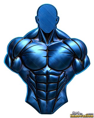 On a plain white backdrop, a faceless man with defined muscles made of brushed blue metallic material