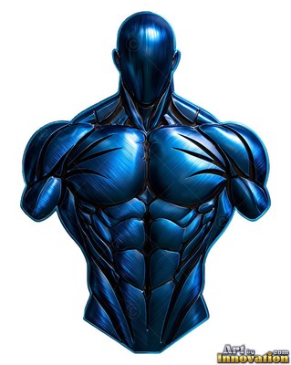 Turned toward the viewer, a muscular blue metallic bust of a man with black grooves