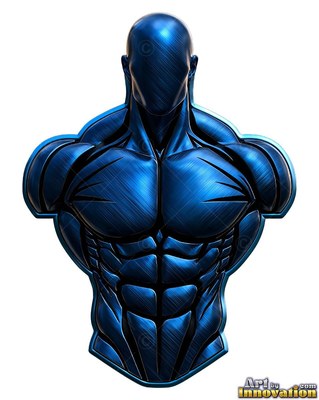 Muscular blue bust sculpted from metal of a faceless man with black lines