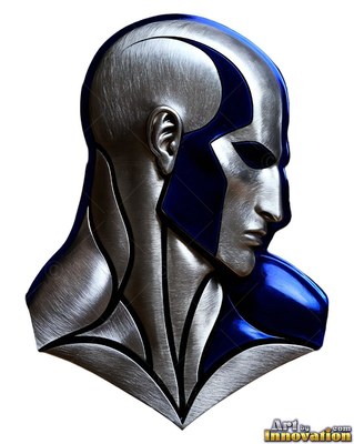 Deep blue panels cover the brushed silver head and shoulders of a metallic man on white