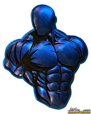 A metallic muscular man stands faceless with deep blue brushed steel highlights