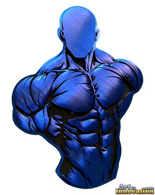 Seen from the front against white, a muscular blue brushed metal man shows his bare chest