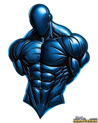 A muscular, faceless man carved out of shiny brushed blue metal