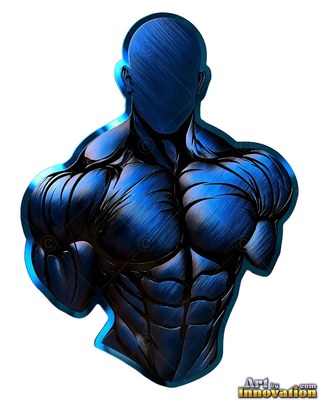 On a plain white setting, a muscular man stands as a blue metal bust without a face