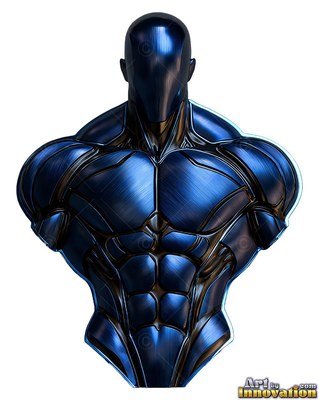 Front-facing, a broad-shouldered man sculpted from dark blue metallic material stands faceless