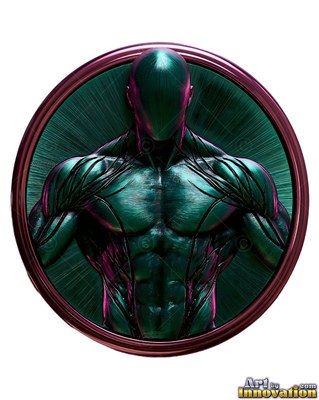 Green metal bust of a man with defined muscles inside a round frame