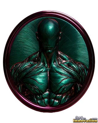 Black lines carve the muscular torso of a green metal man inside a dark round frame