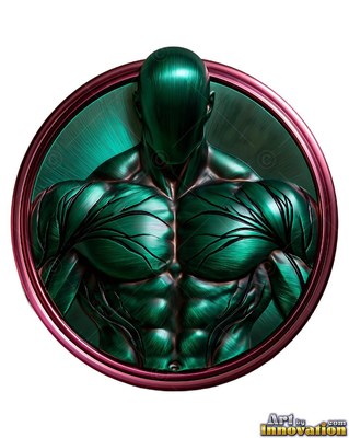 A faceless metal man faces forward inside a round frame of dark green and red copper sheen