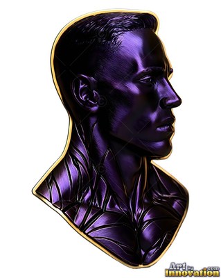Turned in profile, a purple bust sculpted from metal of a man rests on a plain white space