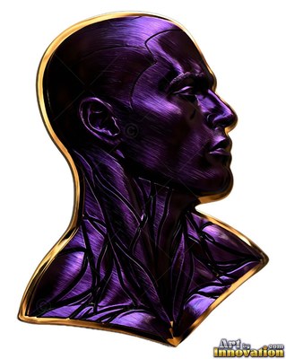 A purple bust sculpted from metal of a man in profile outlined in gold rim