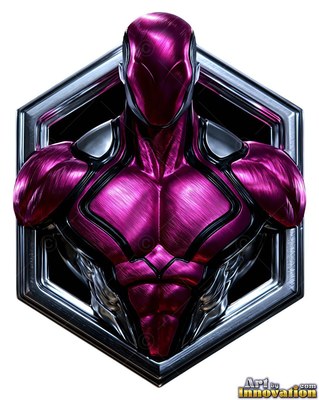 Inside a silver hexagonal frame, the bust of a man with defined muscles in purple metal