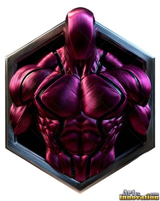 Seen from the front, a muscular purple metal bust of a man sits in a silver hexagon
