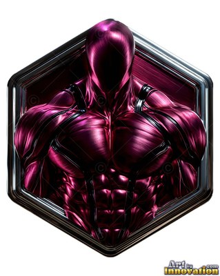 Muscular purple man cast in metal inside a hexagon emblem