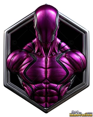 Purple metallic chest lines define a faceless man set inside a silver hexagon