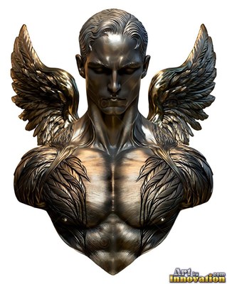 A winged bronze man gazes downward, reflecting warm light off his dark chest