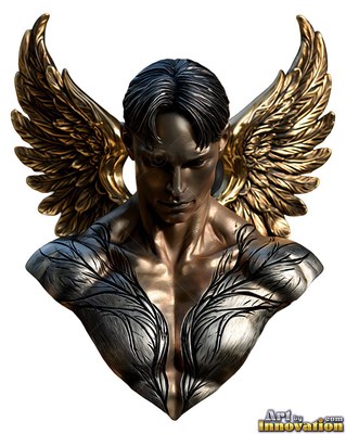 Turned toward the viewer on a white field, a bronze winged man looks down with curved golden wings