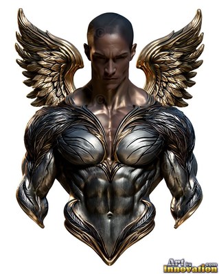 A muscular winged male bust made of polished bronze and silver metal
