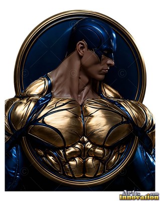 Inside a round gold frame, a toned man wears a blue and gold superhero suit