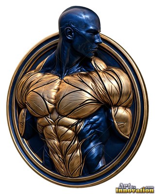 Facing to the side, a muscular man cast in metal in dark blue and gold stands inside a round frame